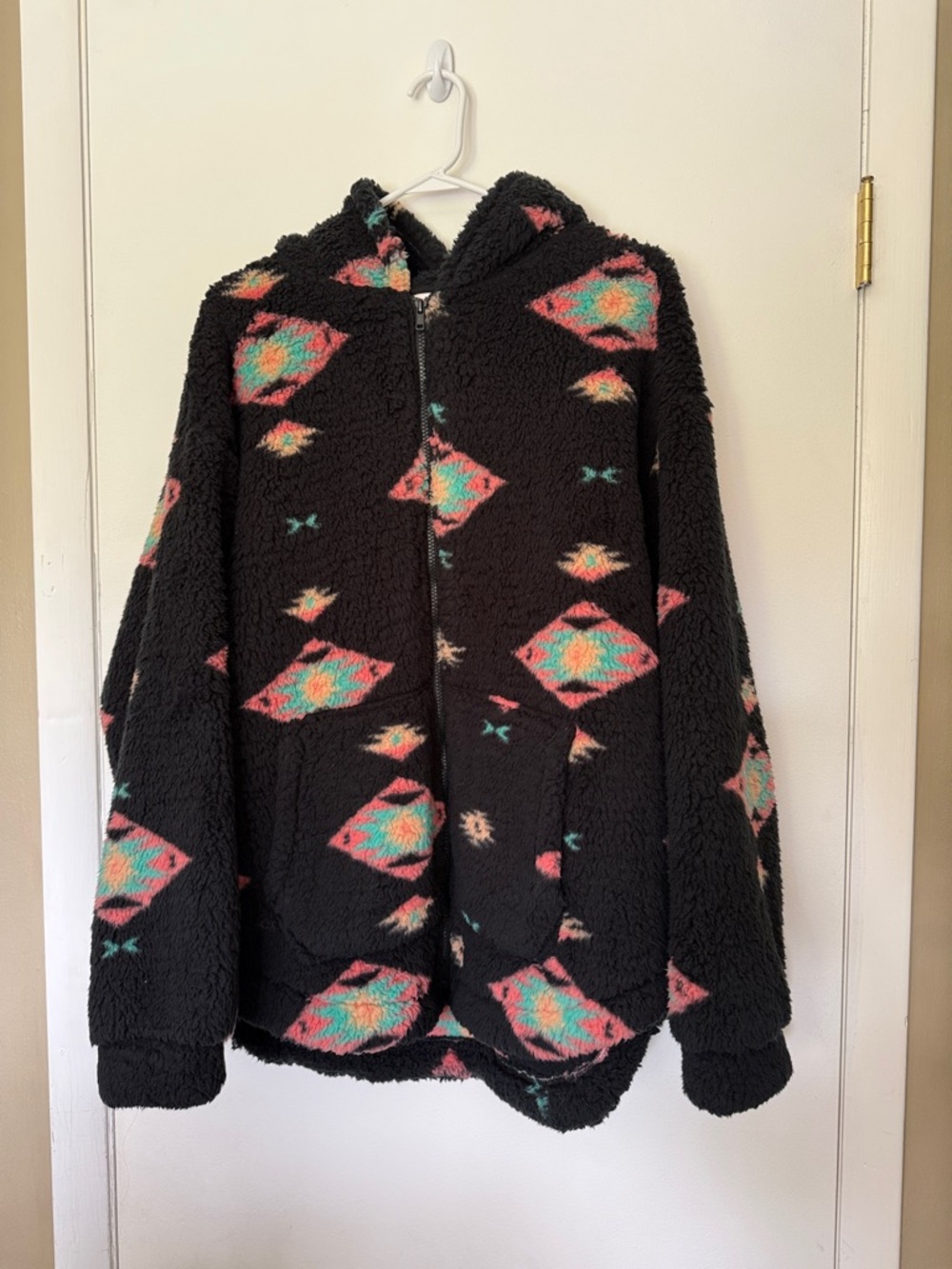 SO Black Hooded Sherpa Jacket with Pink and Teal Aztec Print